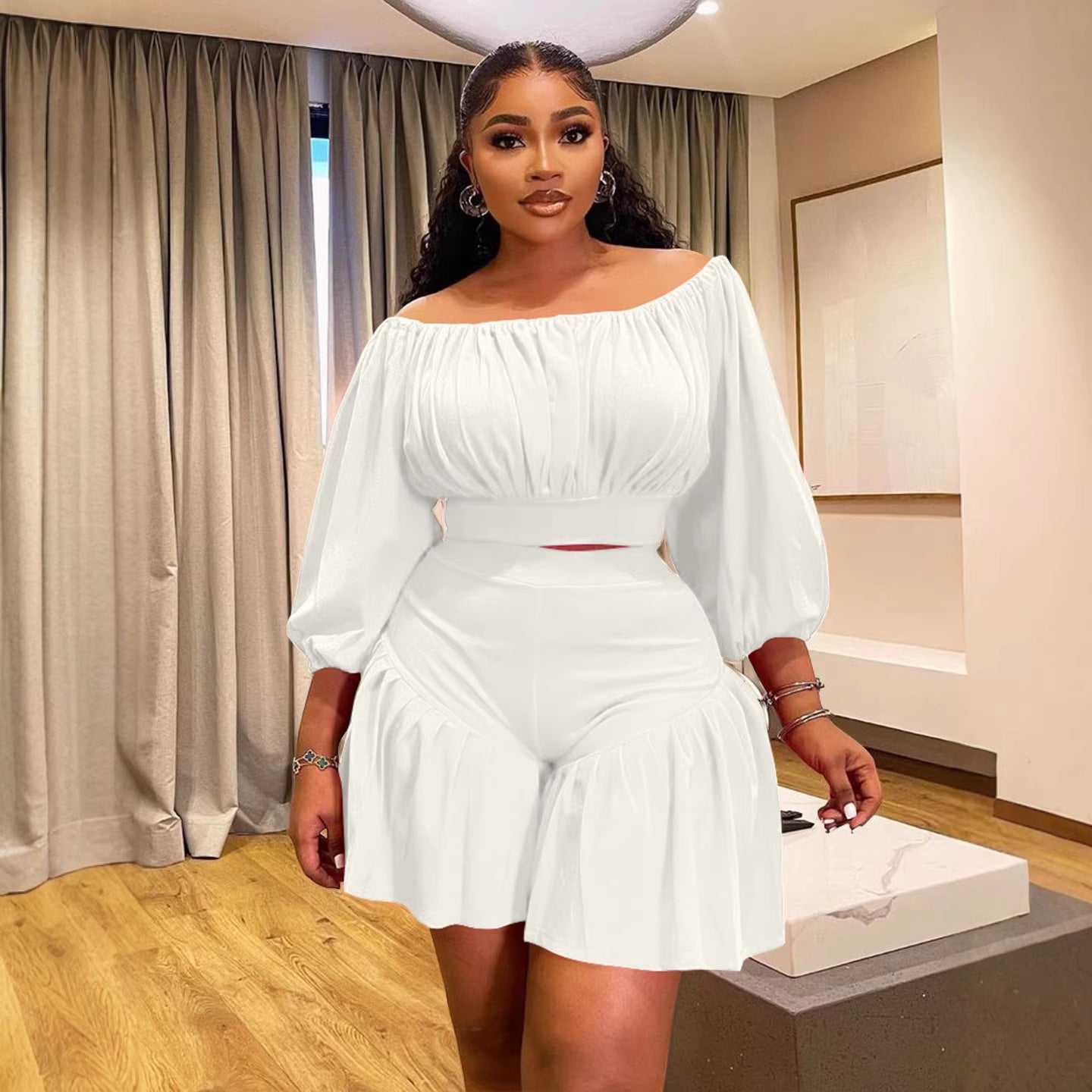Plus Size Pleated Off-Shoulder Co-ord Set