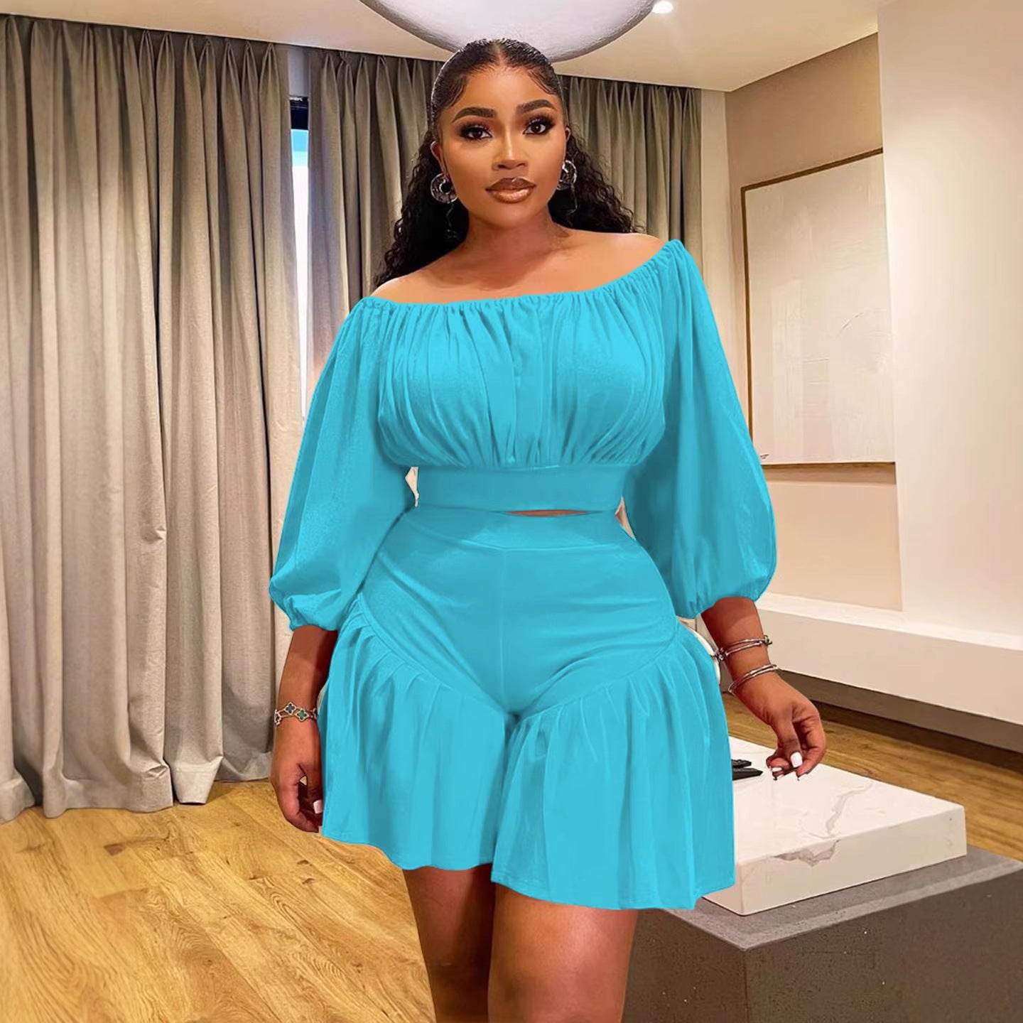 Plus Size Pleated Off-Shoulder Co-ord Set