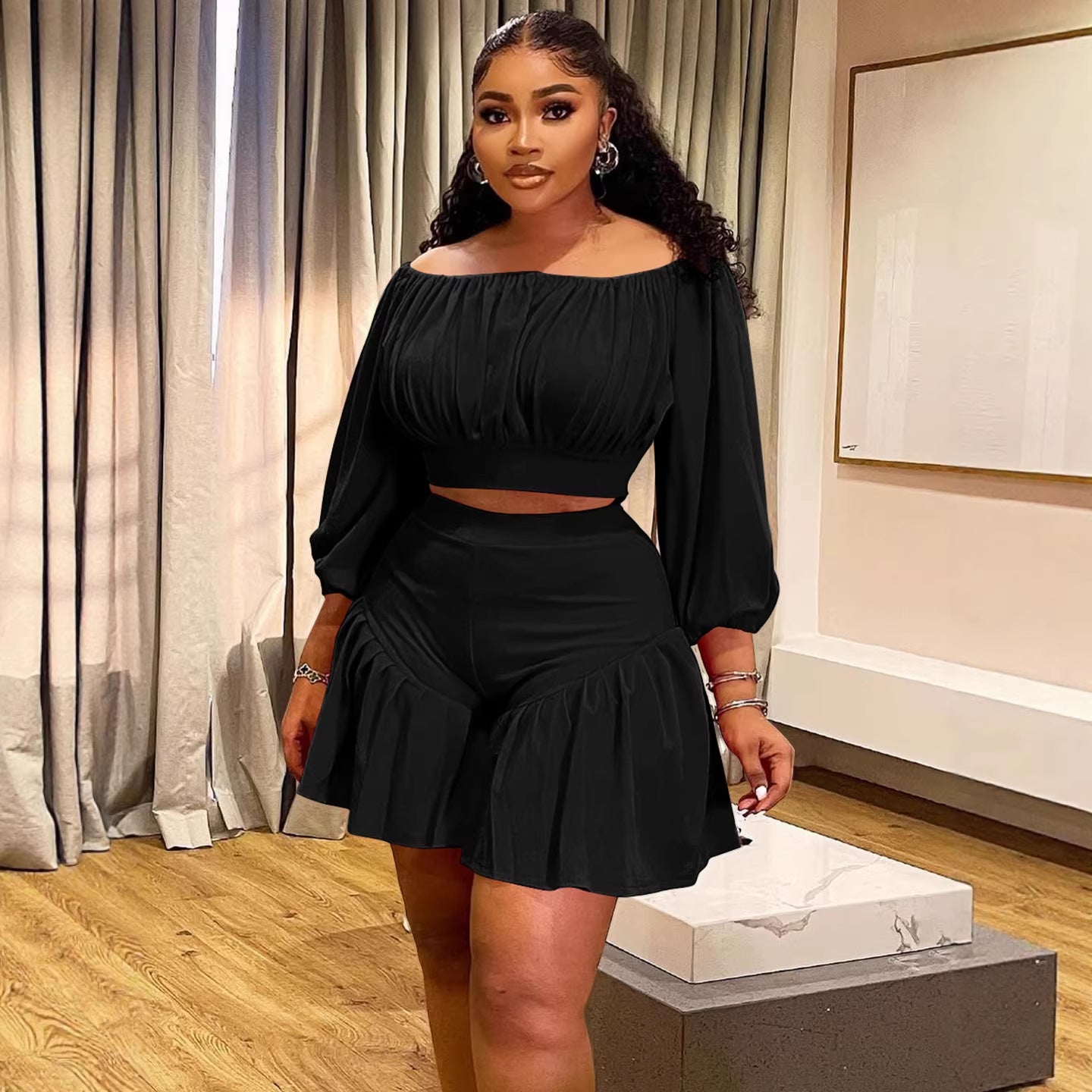 Plus Size Pleated Off-Shoulder Co-ord Set