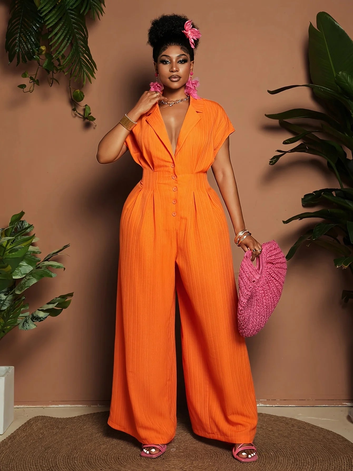 Orange Lapel Wide-Leg Jumpsuit