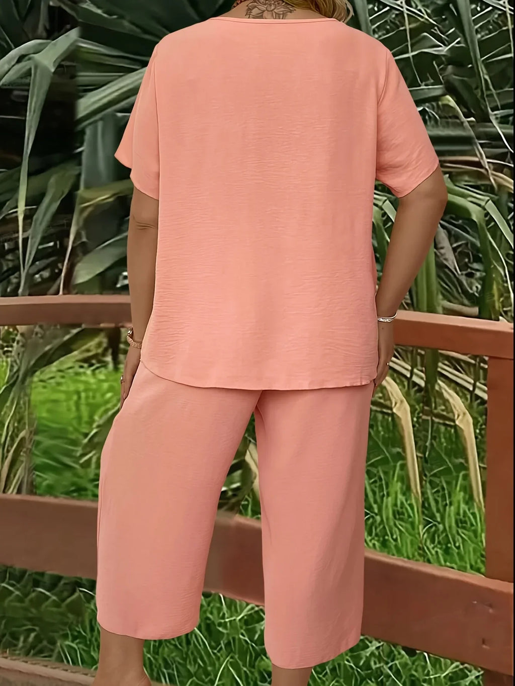 Plus Size V-Neck Top & Wide Leg Pants Set