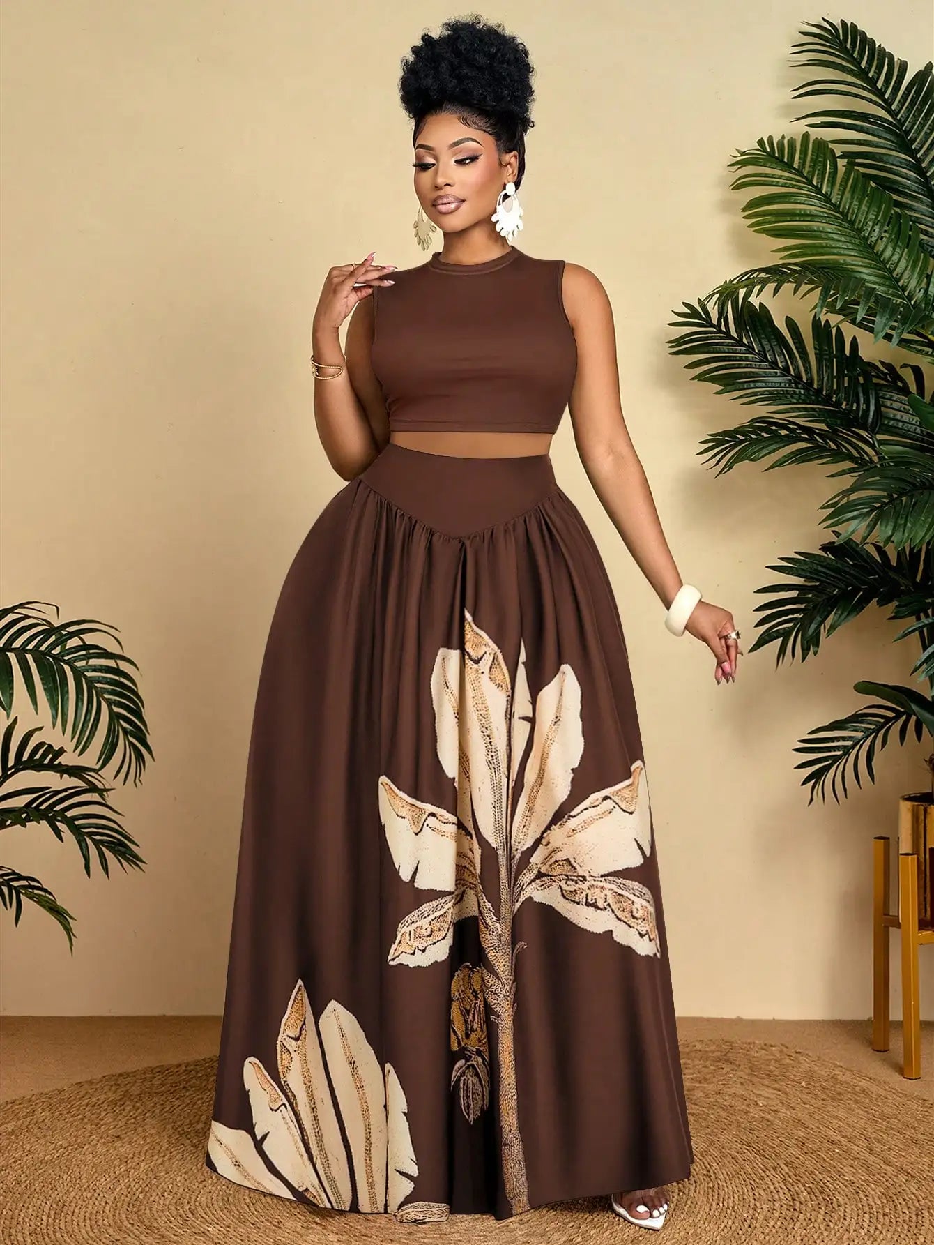 Tropical Print Crop Top & Maxi Skirt Set
