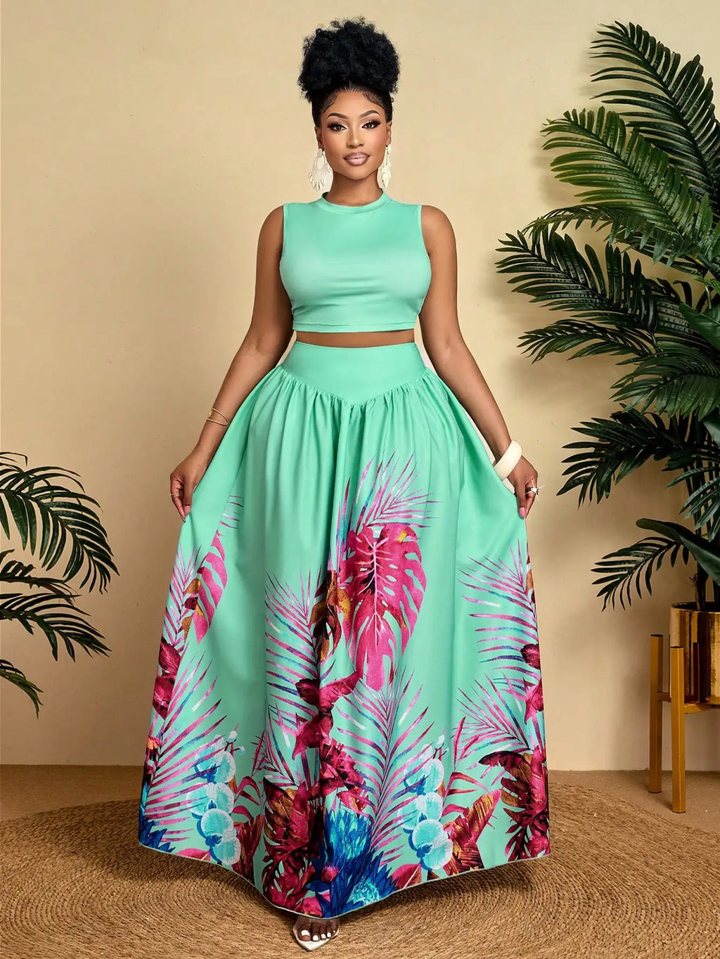 Tropical Print Crop Top & Maxi Skirt Set