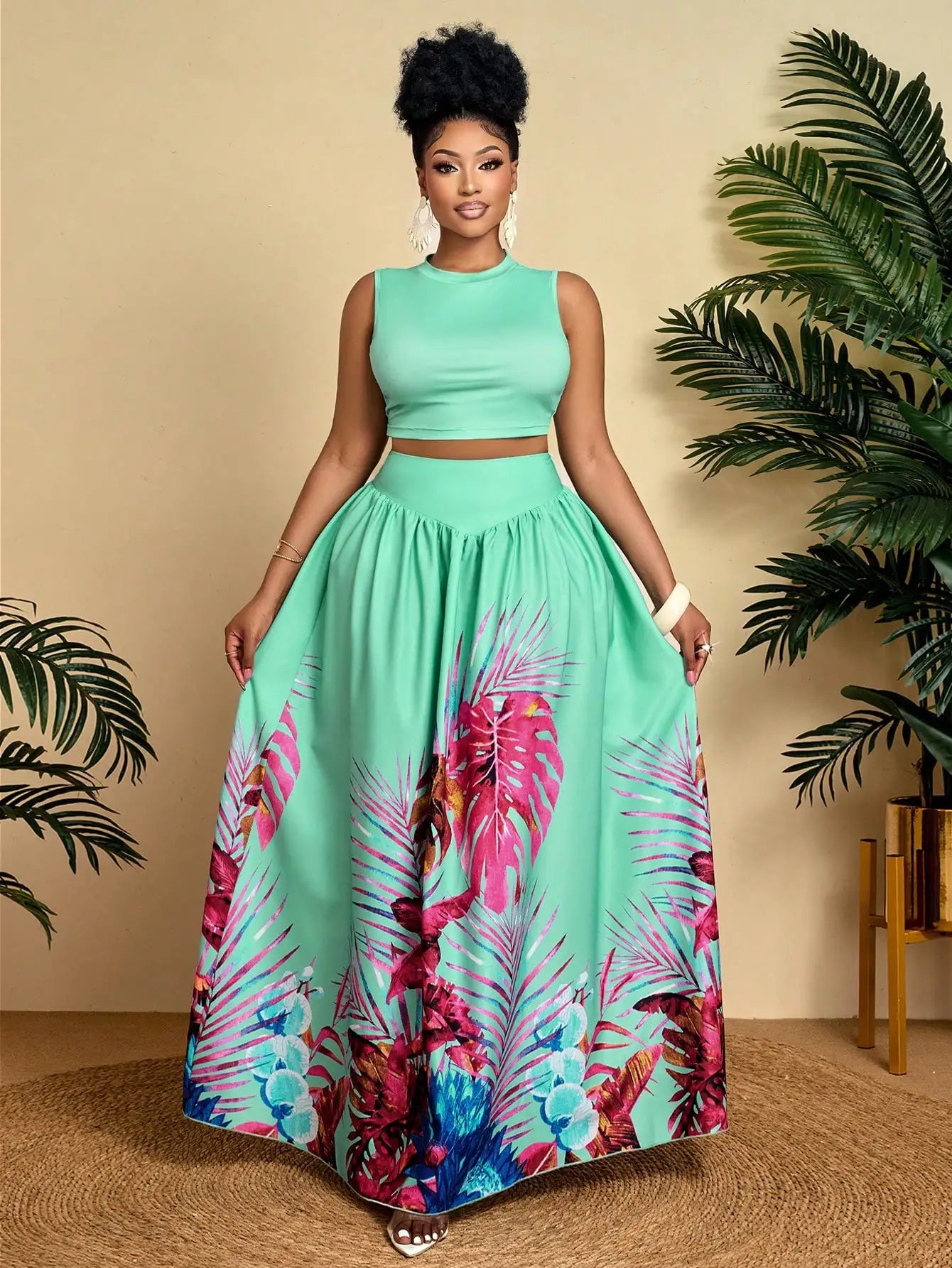 Tropical Print Crop Top & Maxi Skirt Set