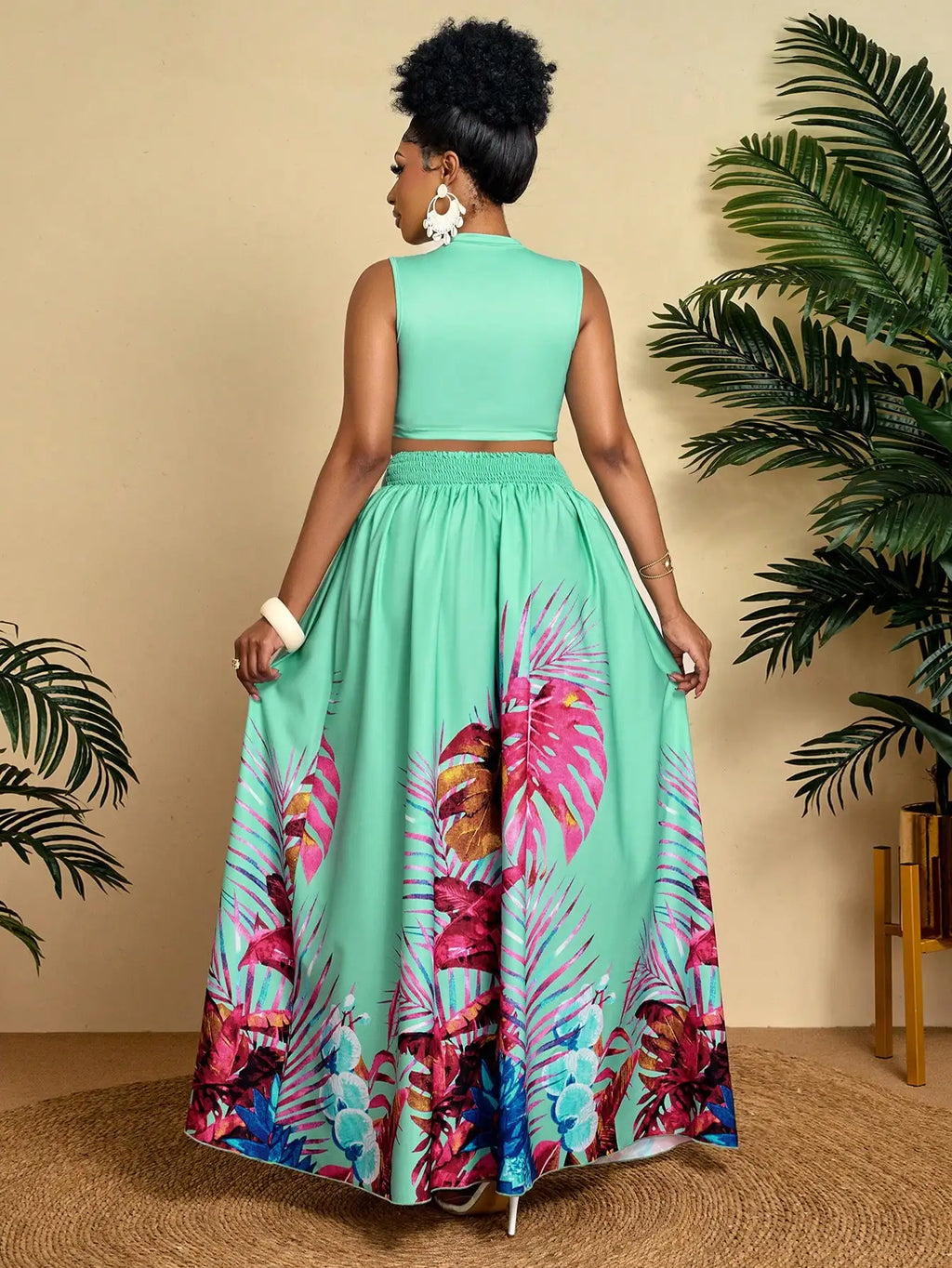 Tropical Print Crop Top & Maxi Skirt Set