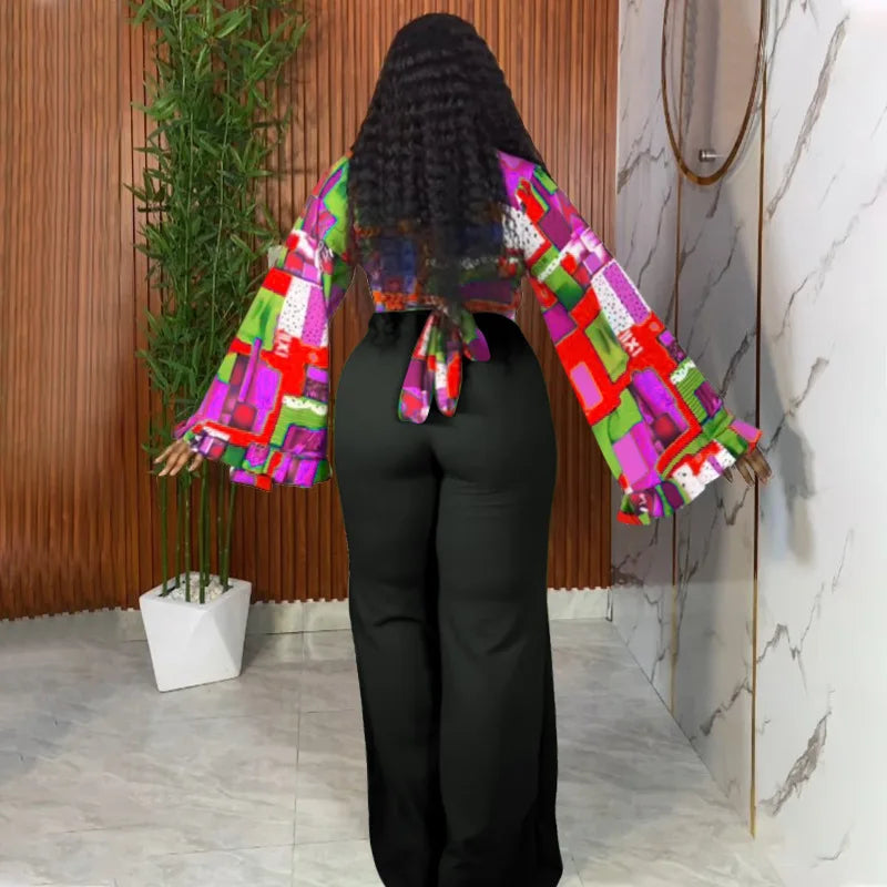 Geometric Long Sleeve Blouse with Wide Leg Pants Set
