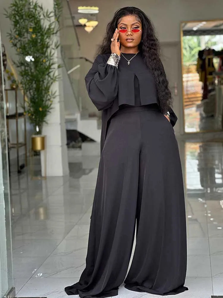 Lantern Long Sleeve with Wide Leg Pants Set