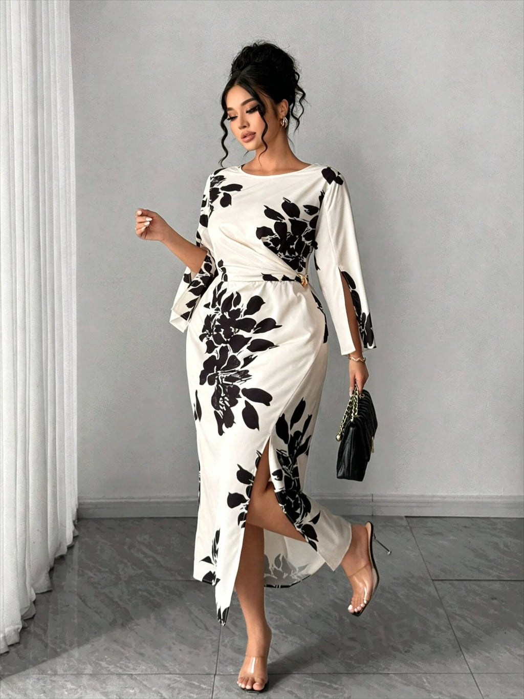 Apricot & Black Printed Lace Appliqué Midi Dress