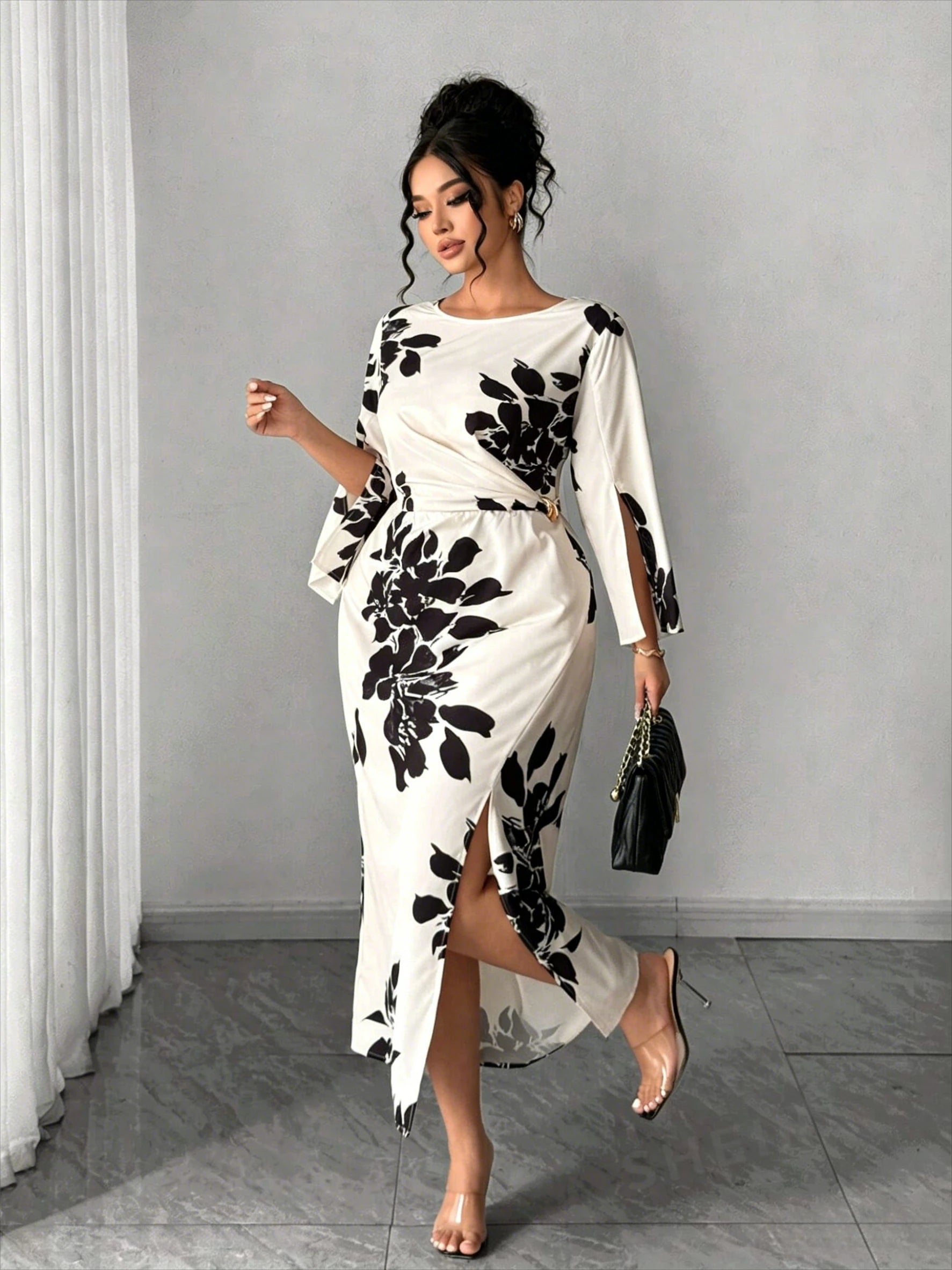 Apricot & Black Printed Lace Appliqué Midi Dress