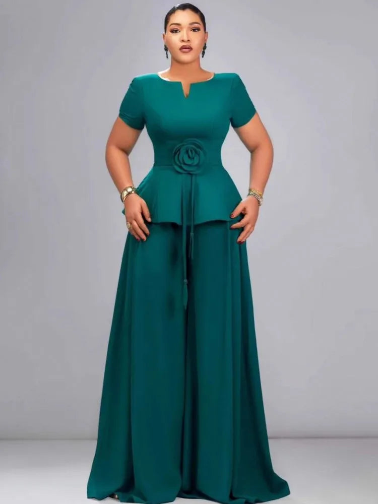 Tatted V Neck Shirt with Wide Leg Pants Set