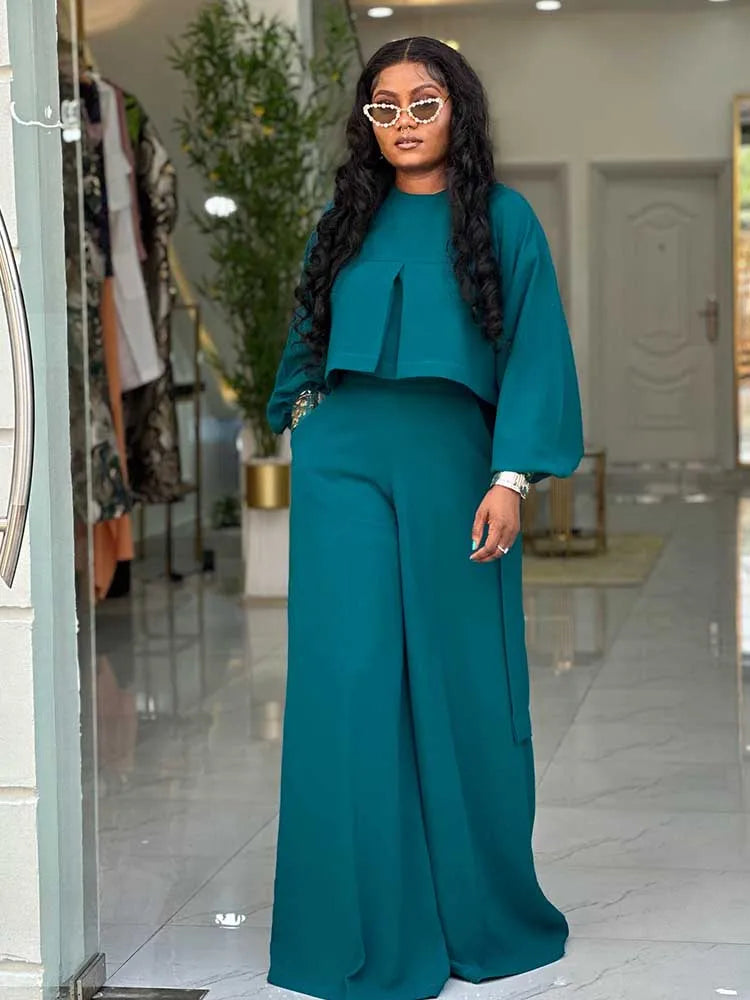 Lantern Long Sleeve with Wide Leg Pants Set