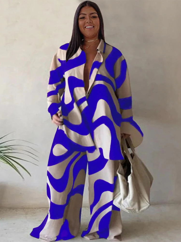 Abstract Swirl V-Neck Two-Piece Pants Set