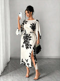 Apricot & Black Printed Lace Appliqué Midi Dress