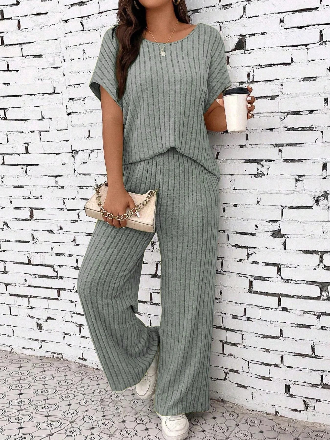 Batwing Sleeve Top & Straight-Leg Pants Set