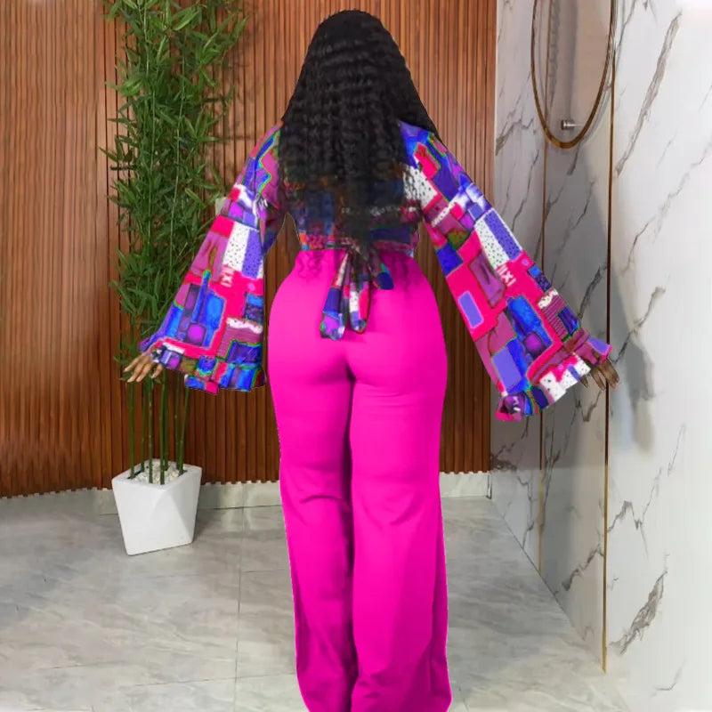 Geometric Long Sleeve Blouse with Wide Leg Pants Set