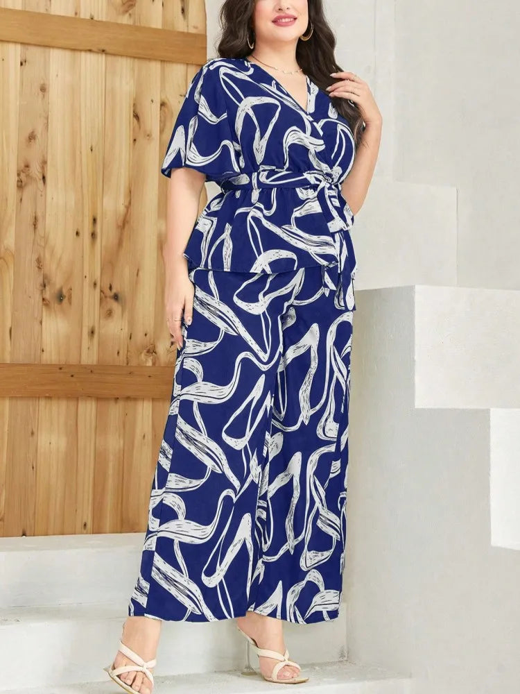 Blue and White Ribbon Print Two Piece Set