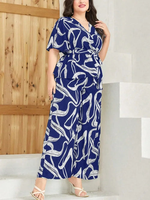 Blue and White Ribbon Print Two Piece Set