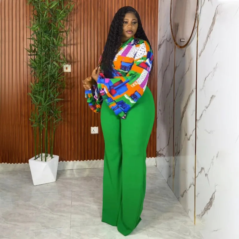 Geometric Long Sleeve Blouse with Wide Leg Pants Set