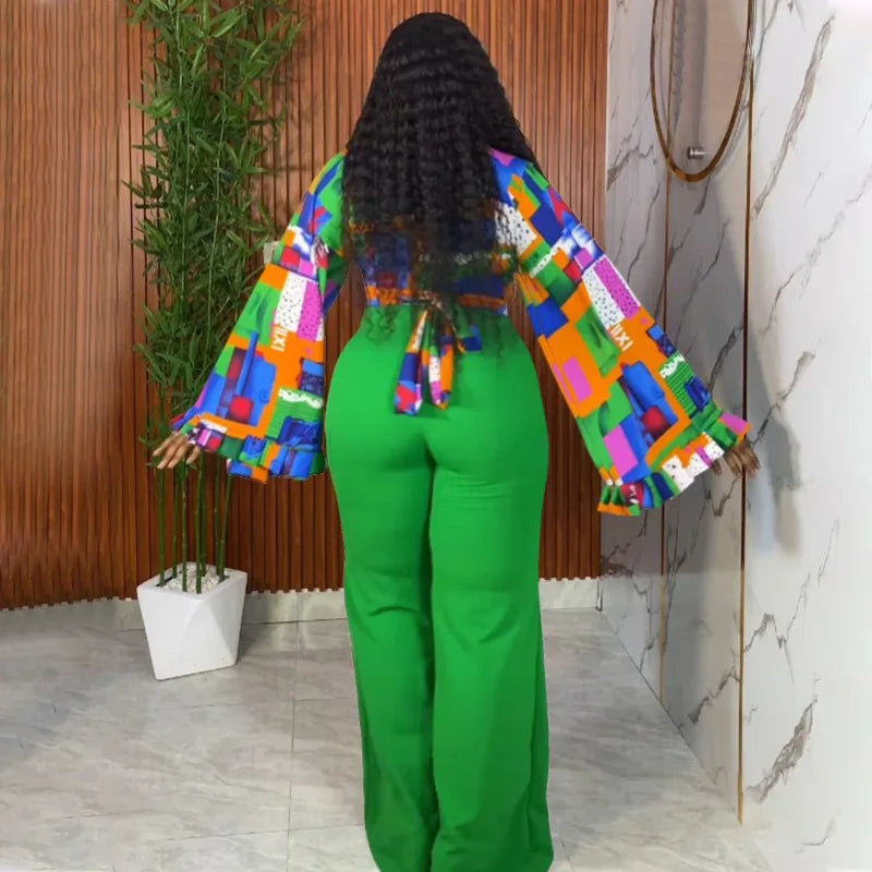 Geometric Long Sleeve Blouse with Wide Leg Pants Set