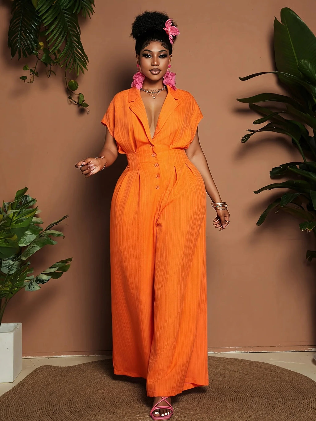 Orange Lapel Wide-Leg Jumpsuit