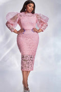 Pink Lace Puff Sleeve See-Through Midi Dress