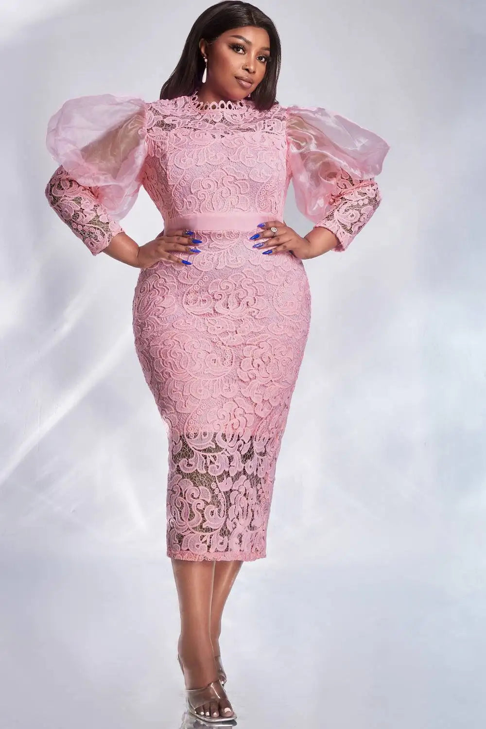 Pink Lace Puff Sleeve See-Through Midi Dress