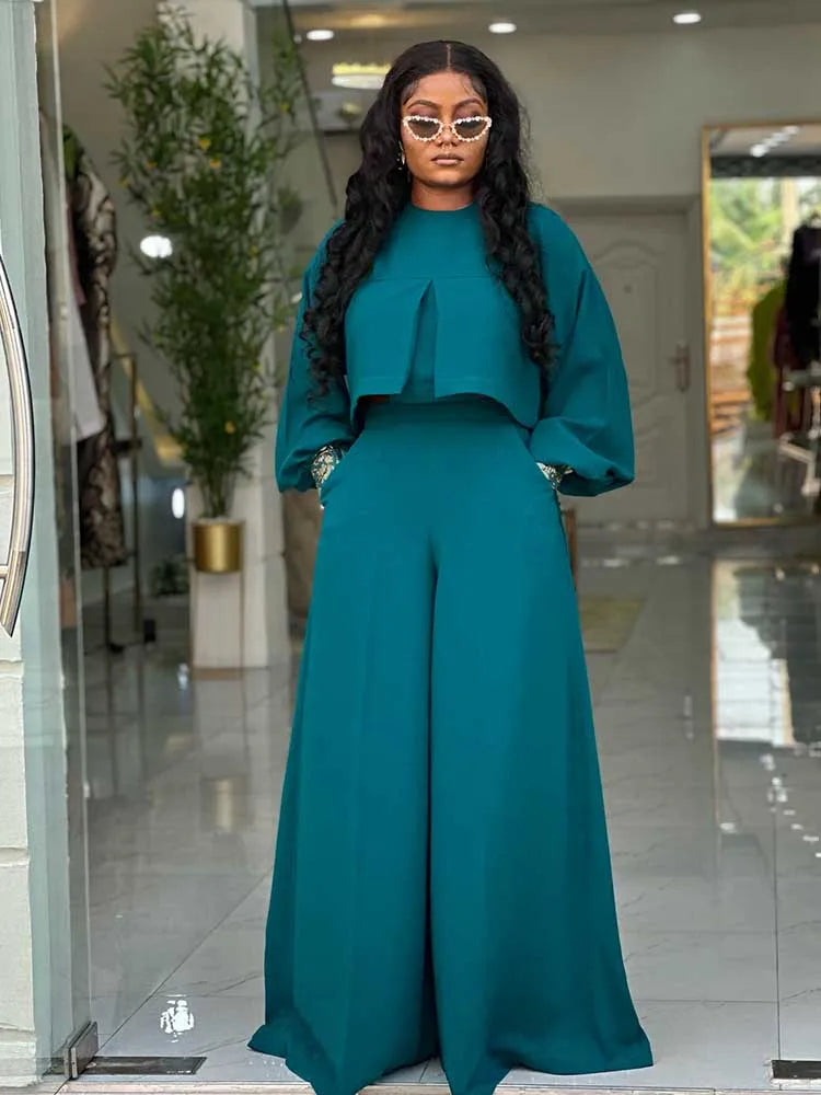 Lantern Long Sleeve with Wide Leg Pants Set