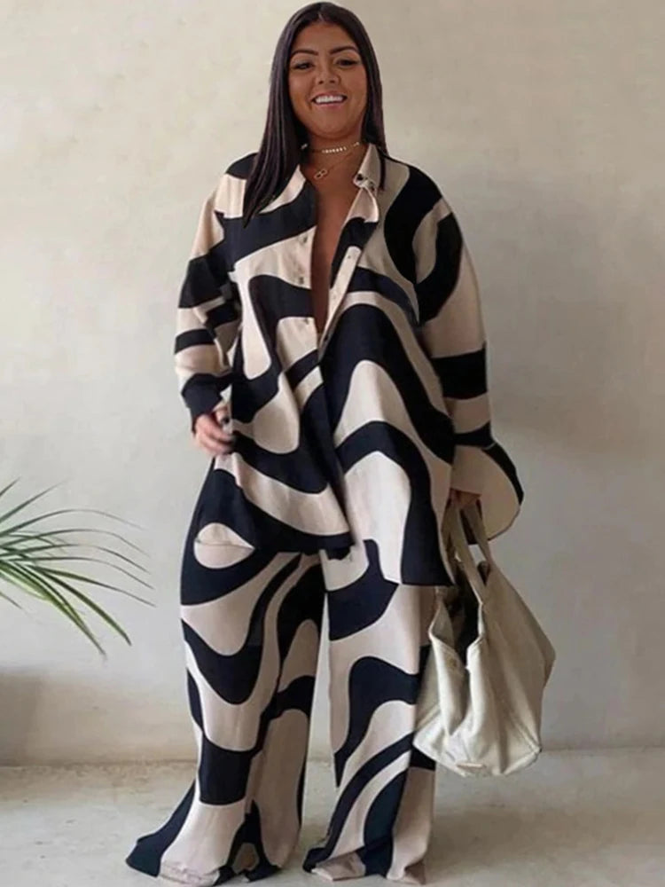 Abstract Swirl V-Neck Two-Piece Pants Set