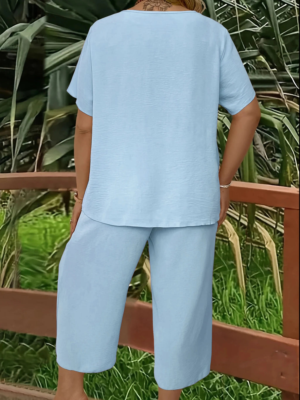 Plus Size V-Neck Top & Wide Leg Pants Set