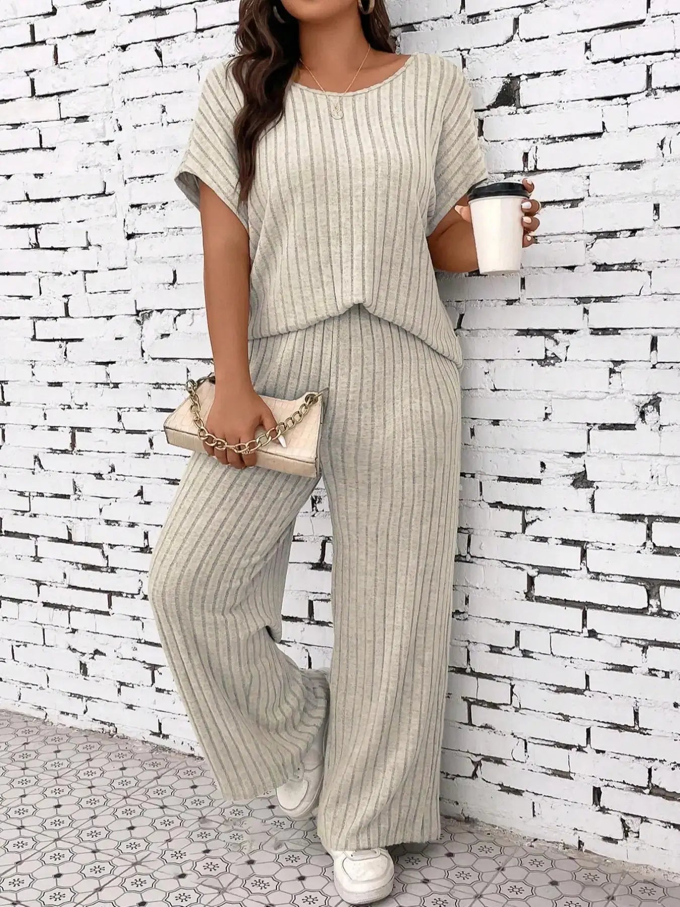 Batwing Sleeve Top & Straight-Leg Pants Set