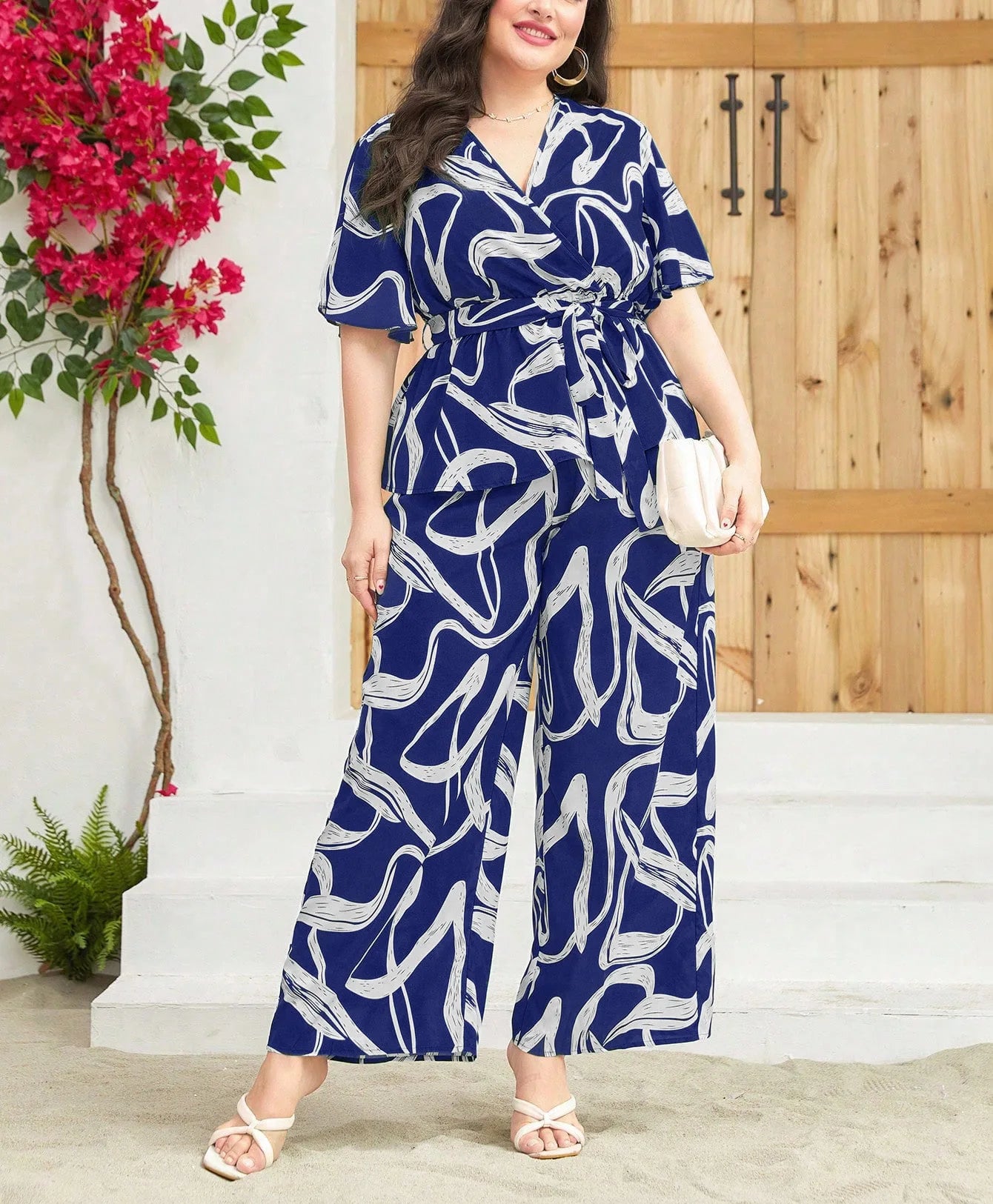 Blue and White Ribbon Print Two Piece Set