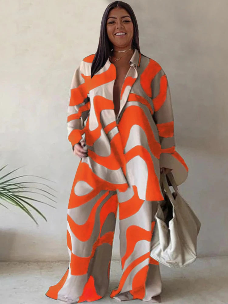 Abstract Swirl V-Neck Two-Piece Pants Set