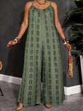 Olive Green Geometric Print Wide-Leg Jumpsuit