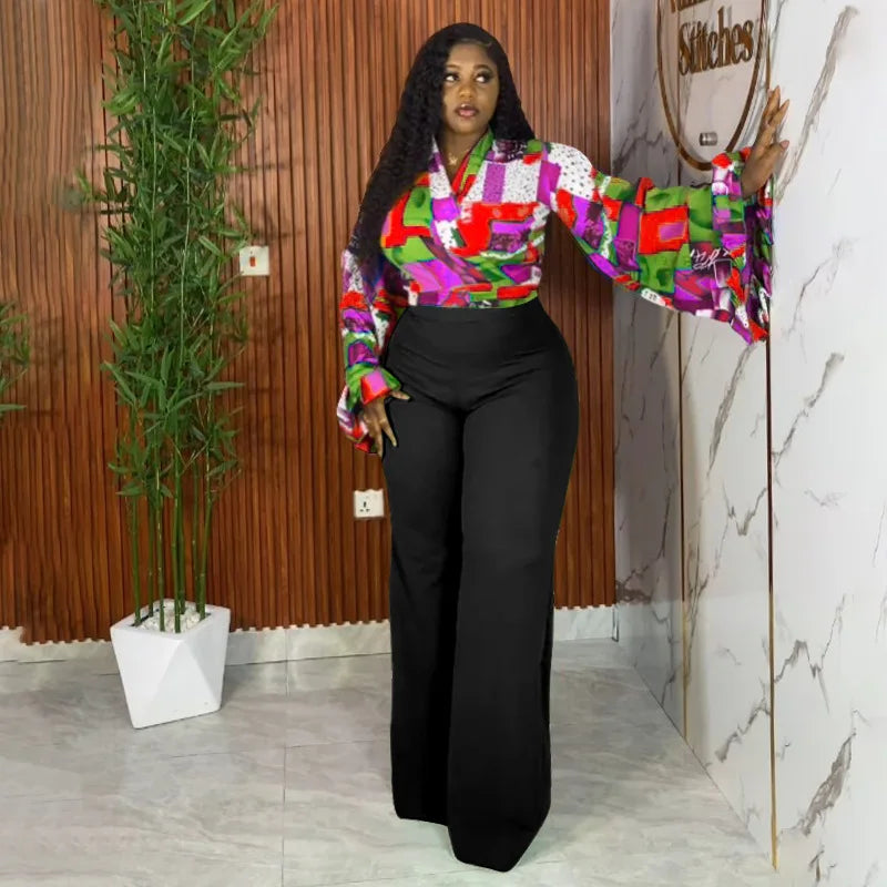 Geometric Long Sleeve Blouse with Wide Leg Pants Set