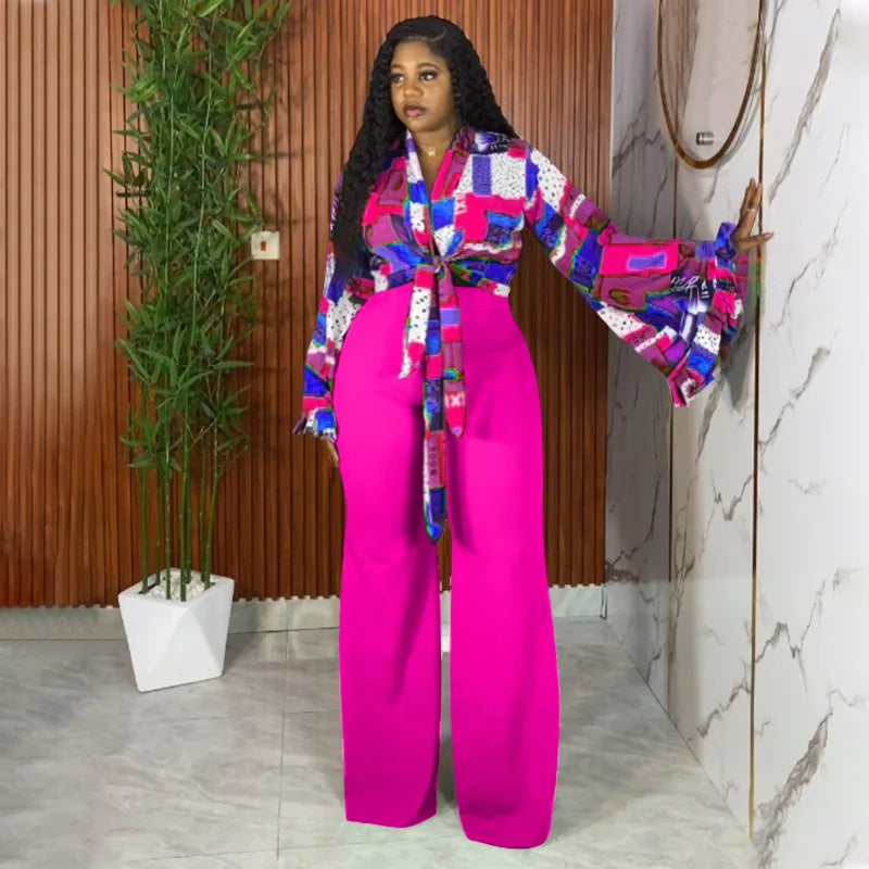 Geometric Long Sleeve Blouse with Wide Leg Pants Set