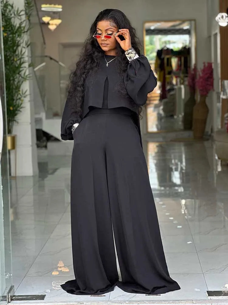 Lantern Long Sleeve with Wide Leg Pants Set