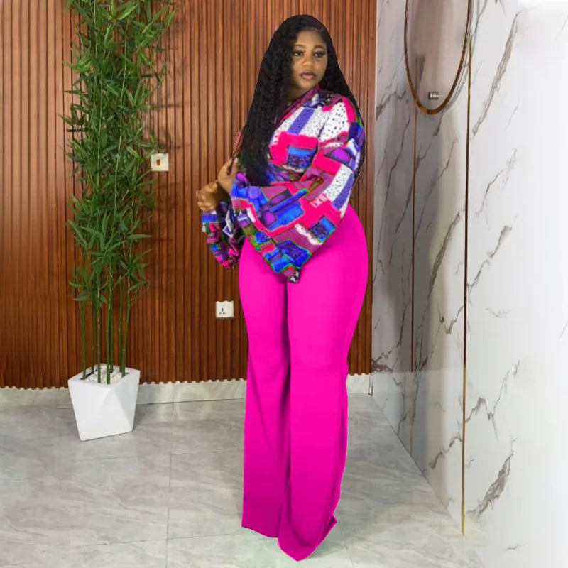 Geometric Long Sleeve Blouse with Wide Leg Pants Set