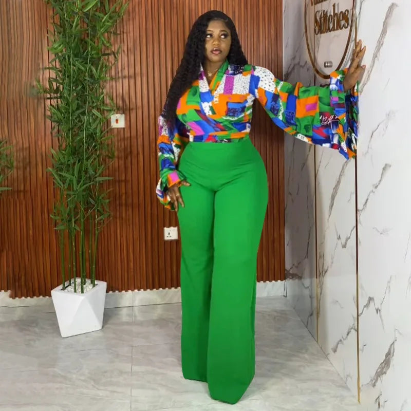 Geometric Long Sleeve Blouse with Wide Leg Pants Set