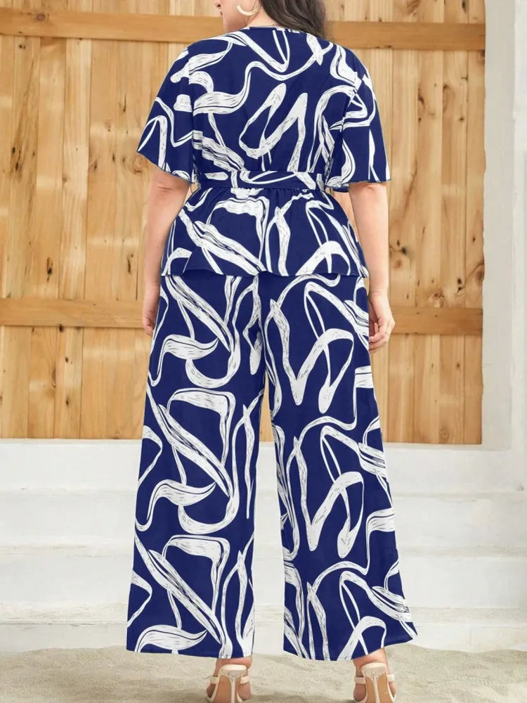 Blue and White Ribbon Print Two Piece Set