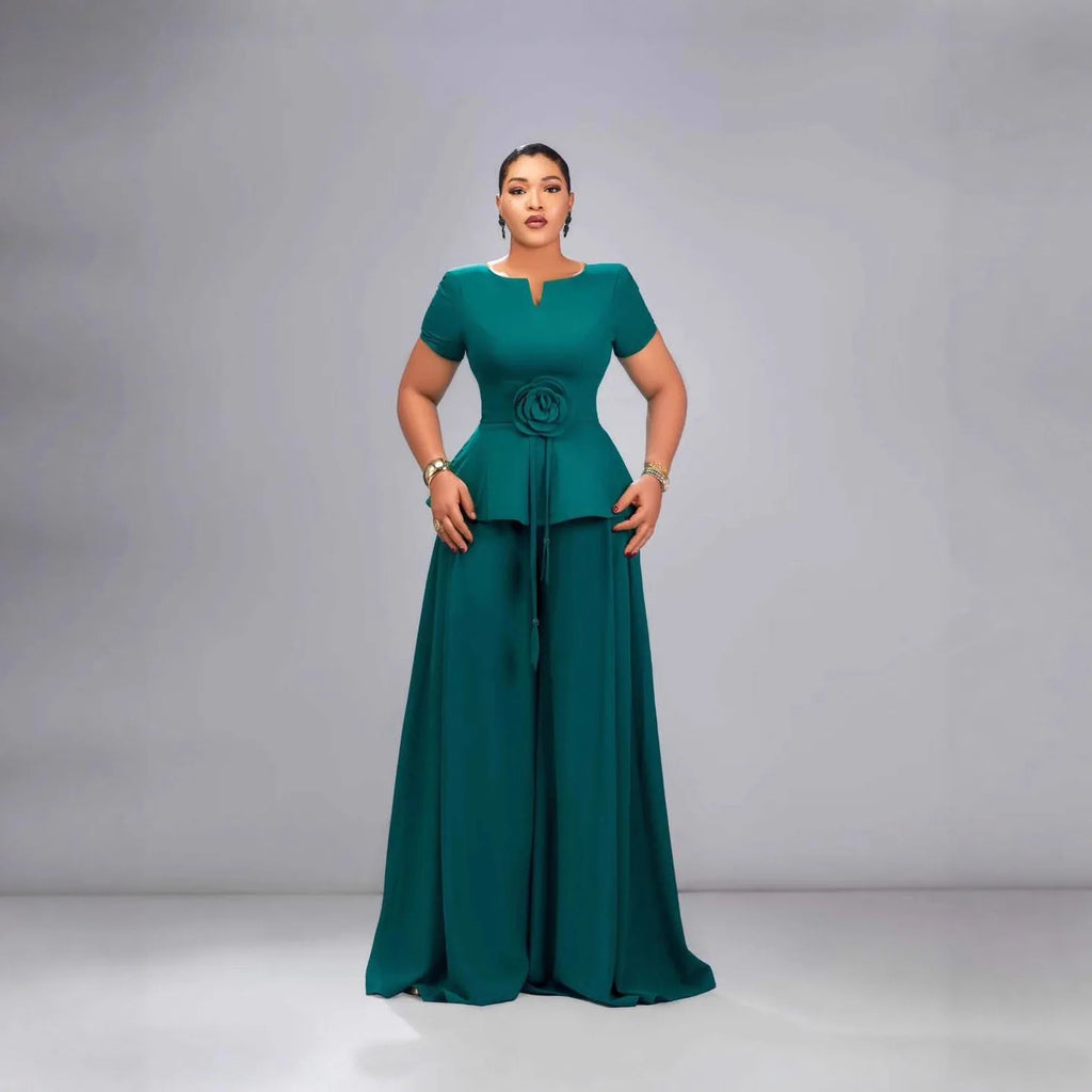 Tatted V Neck Shirt with Wide Leg Pants Set