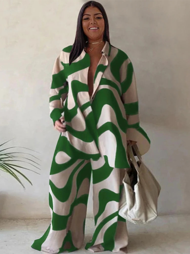 Abstract Swirl V-Neck Two-Piece Pants Set