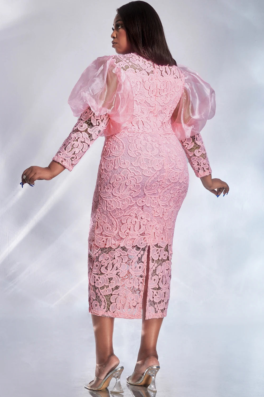 Pink Lace Puff Sleeve See-Through Midi Dress