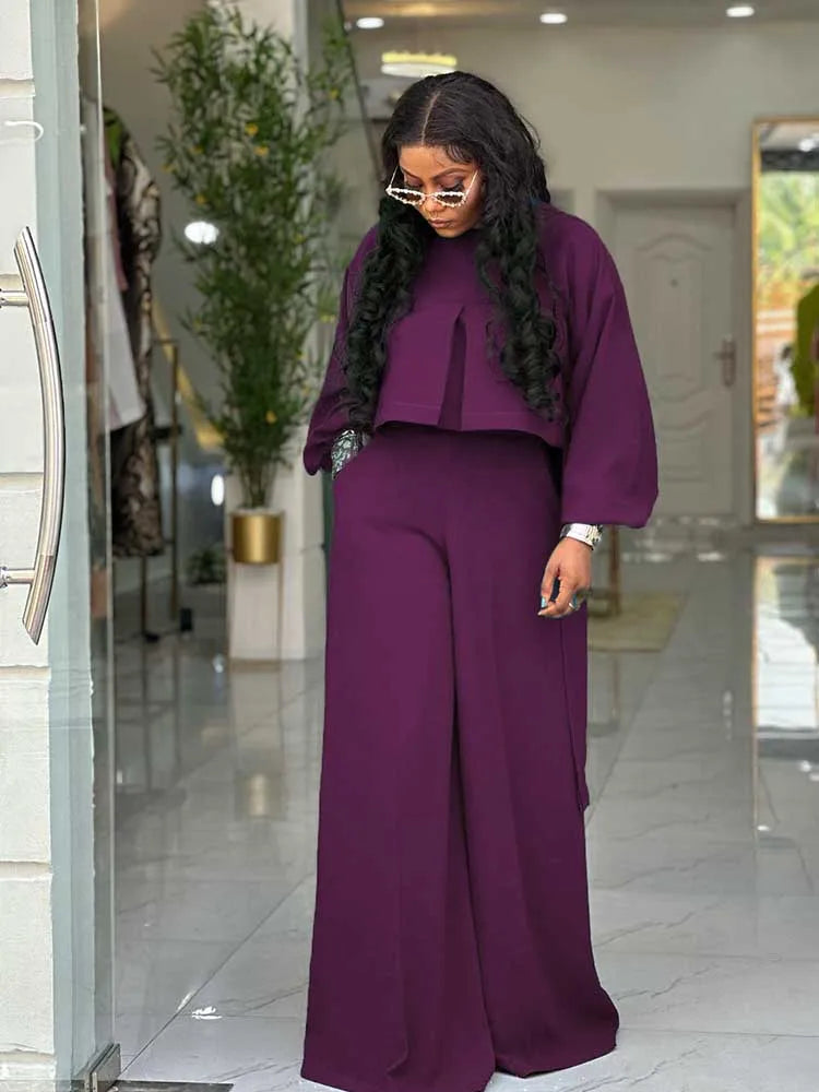Lantern Long Sleeve with Wide Leg Pants Set