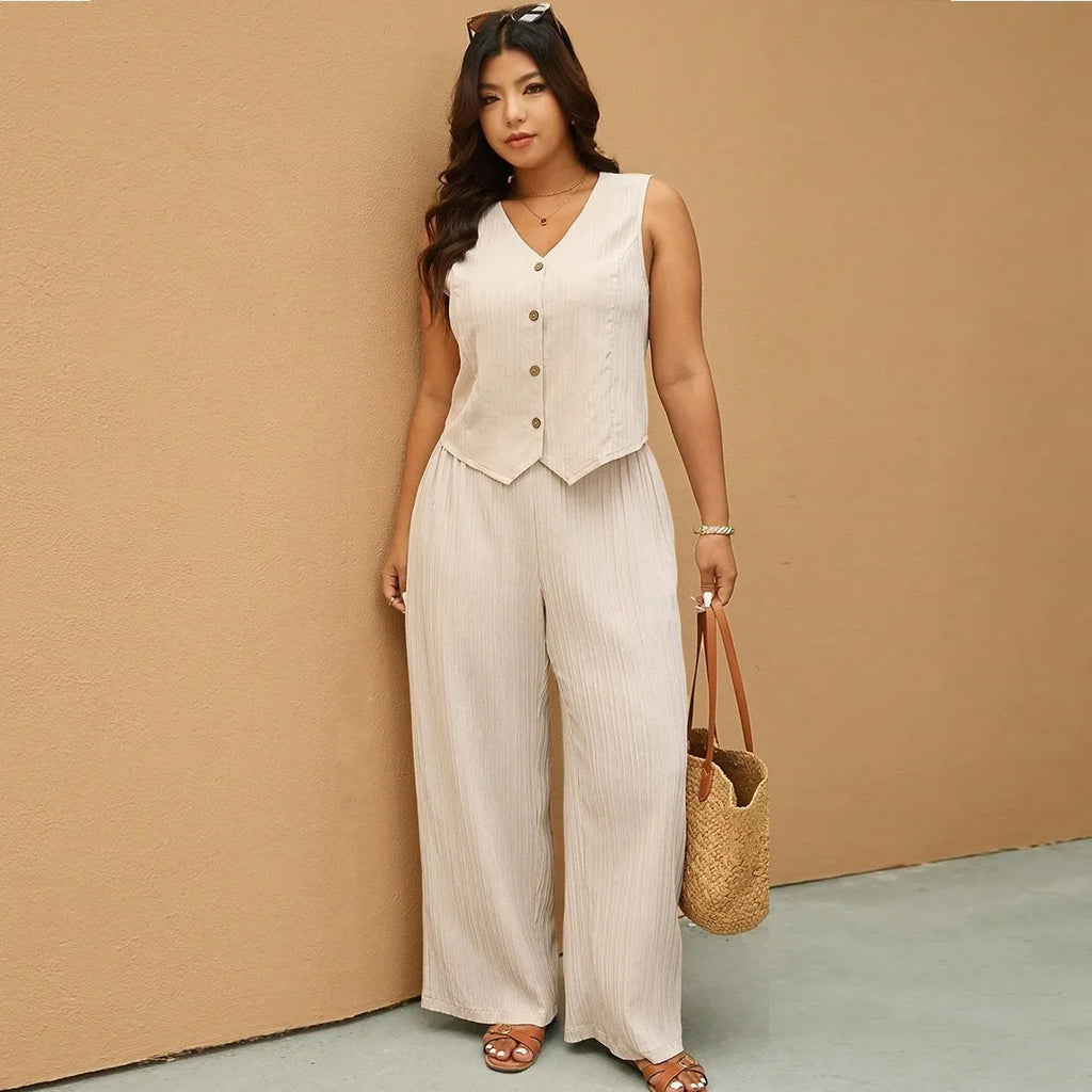 Apricot Vest with Wide Leg Pants Set