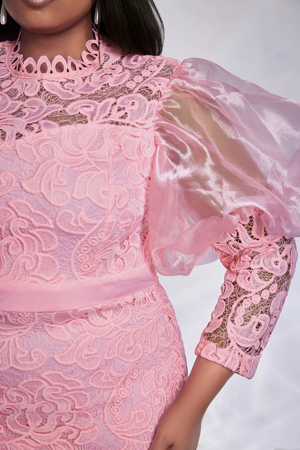 Pink Lace Puff Sleeve See-Through Midi Dress