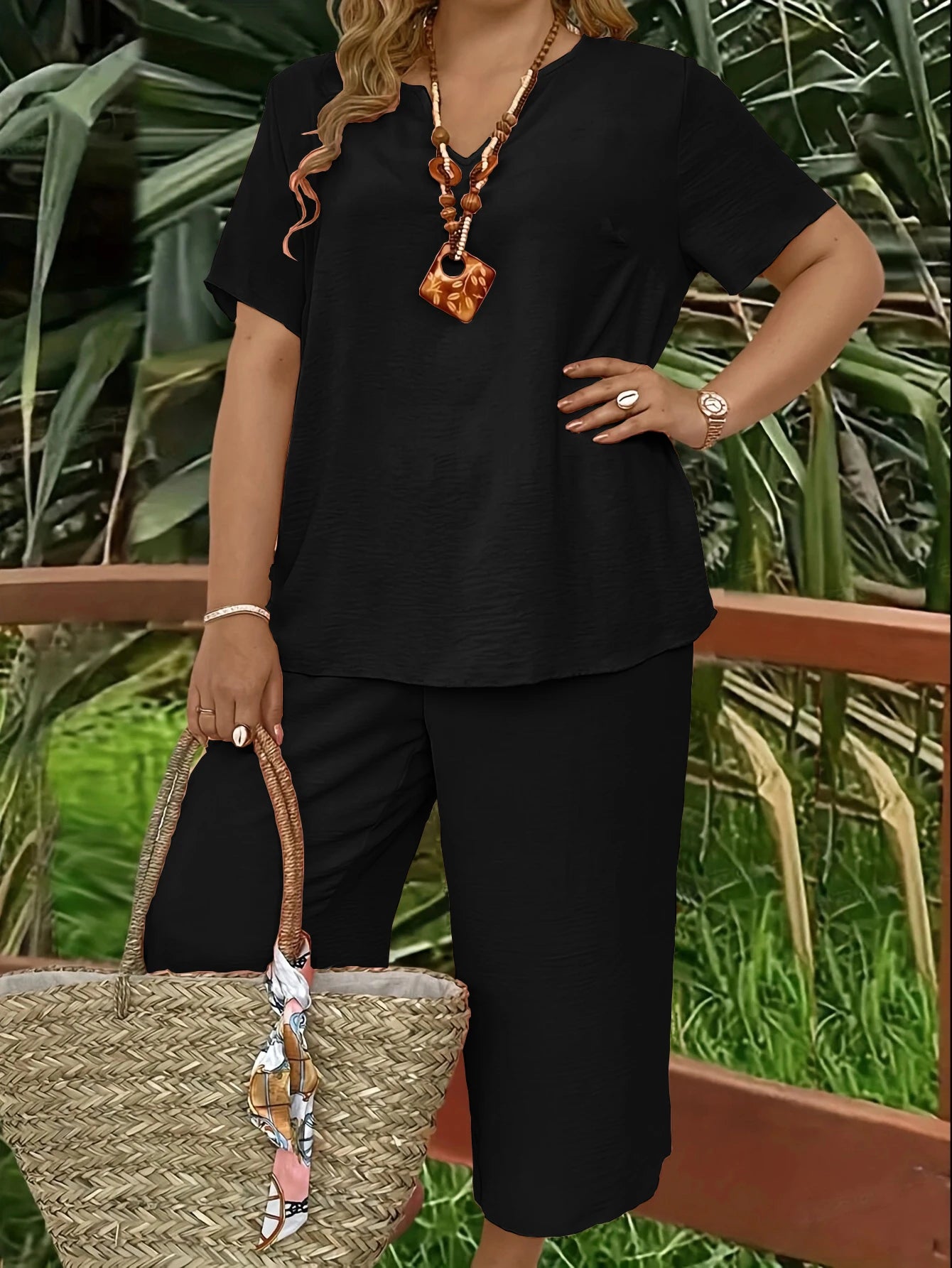 Plus Size V-Neck Top & Wide Leg Pants Set