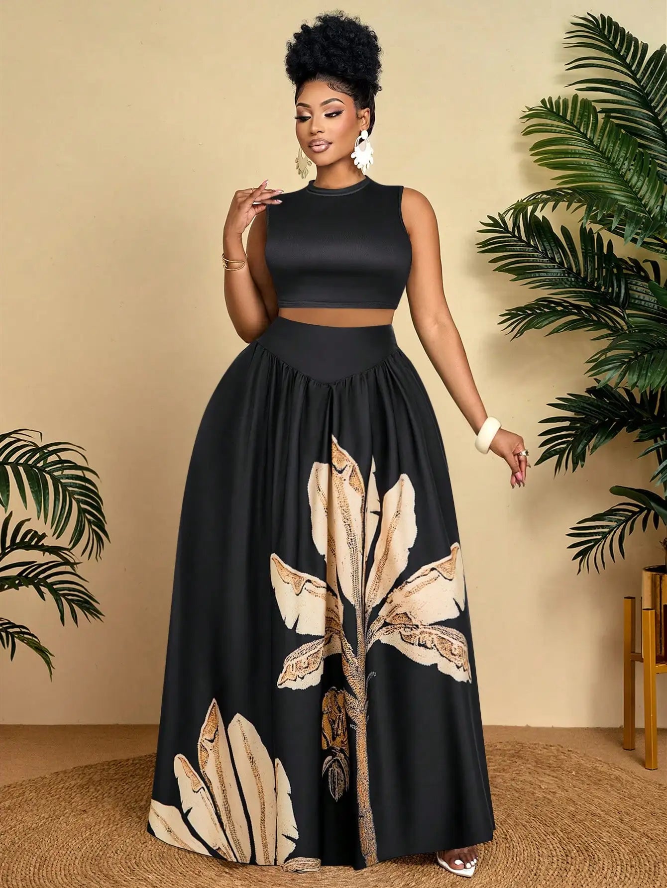 Tropical Print Crop Top & Maxi Skirt Set