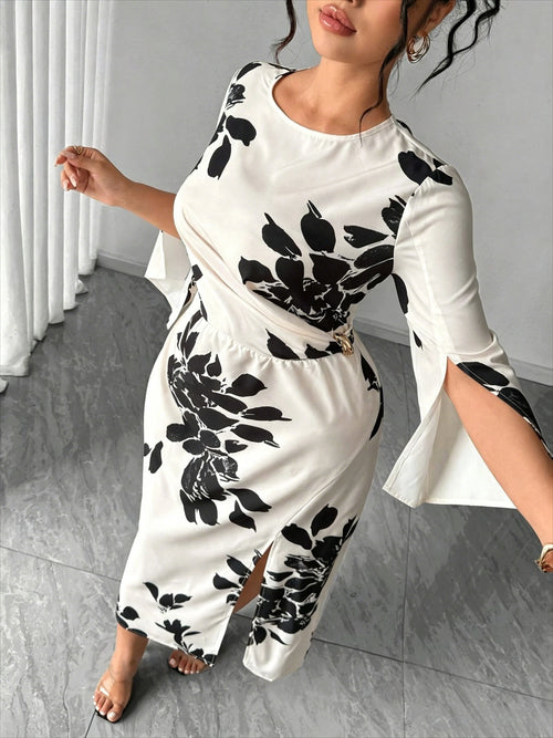 Apricot & Black Printed Lace Appliqué Midi Dress