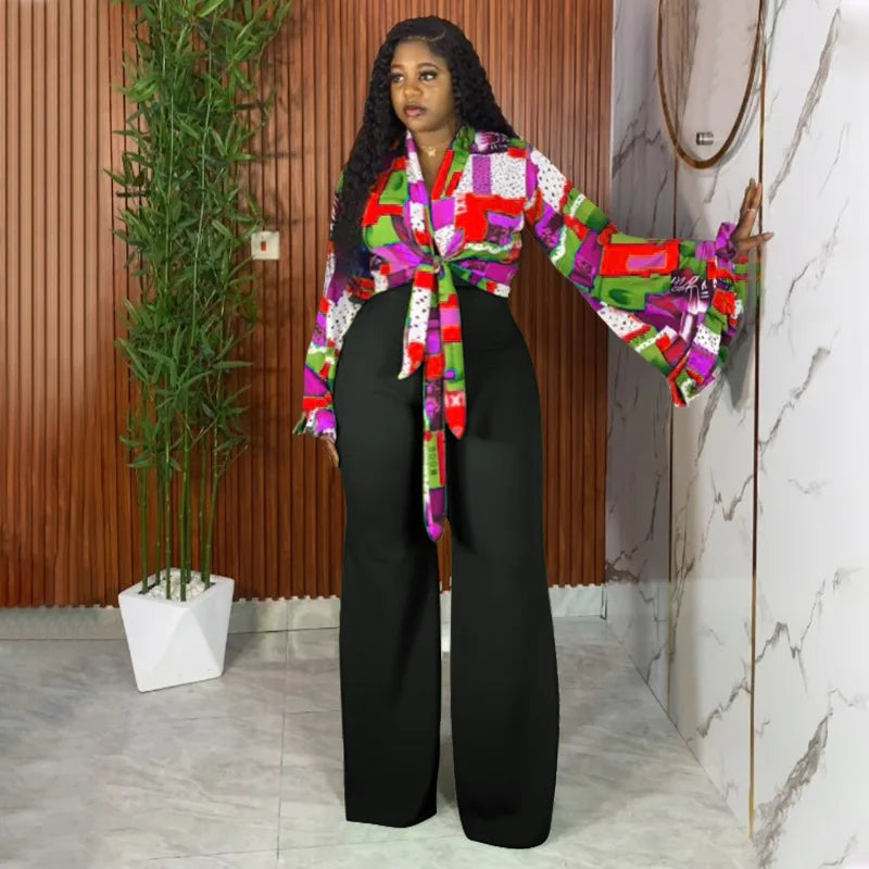 Geometric Long Sleeve Blouse with Wide Leg Pants Set
