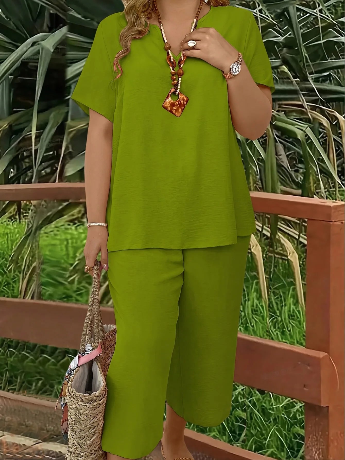 Plus Size V-Neck Top & Wide Leg Pants Set